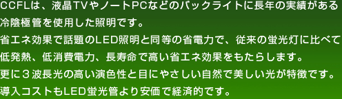 CCFLは、液晶TVやノートPCなどのバックライトに長年の実績がある
冷陰極管を使用した照明です。
省エネ効果で話題のLED照明と同等の省電力で、従来の蛍光灯に比べて
低発熱、低消費電力、長寿命で高い省エネ効果をもたらします。
更に3波長光の高い演色性と目にやさしい自然で美しい光が特徴です。
導入コストもLED蛍光管より安価で経済的です。